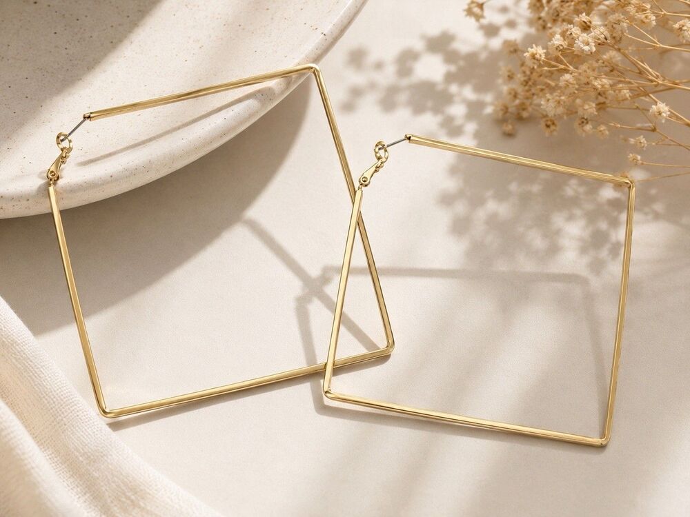 Vintage Gold Tone Square Hoop Earrings Geometric Oversized 2.5” Statement Retro